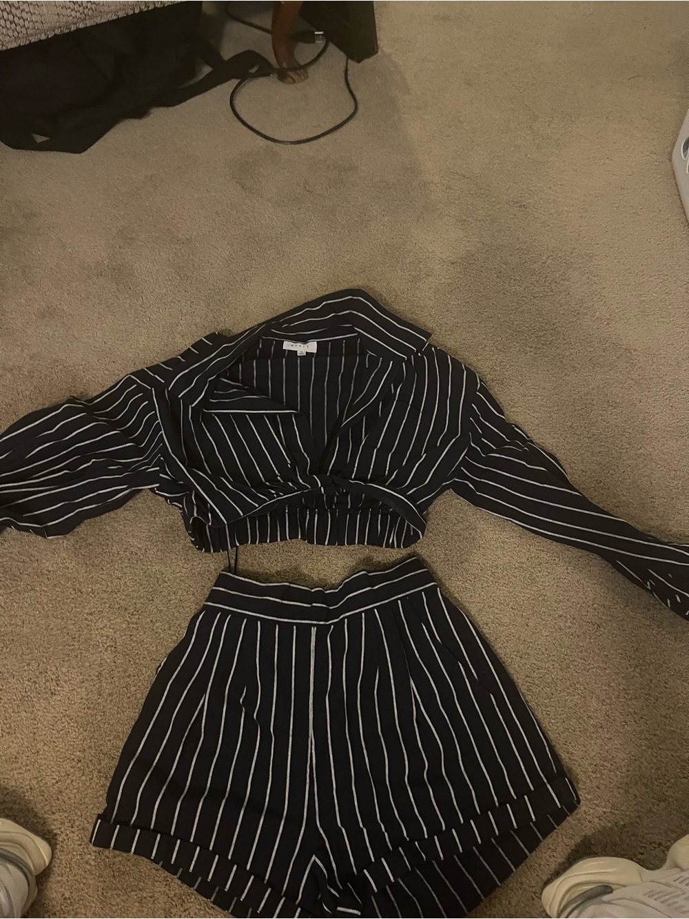 MARBLE Black & White Striped Cropped Top and High-Waist Shorts Set